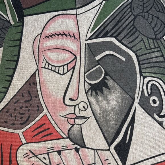 Shana Sweater Medium Abstract Face Print Art Pullover Drop Shoulder Taupe Multi - Picture 6 of 13